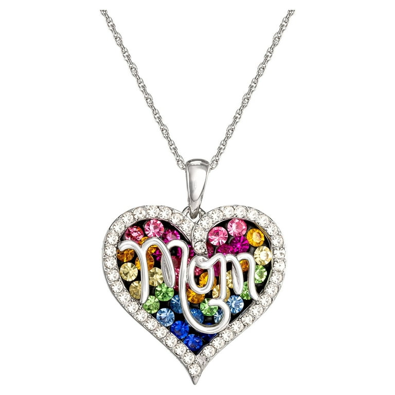 Brilliance Fine Jewelry Sterling Silver Multi Color Crystal Mom Heart Pendant Necklace 18 chain