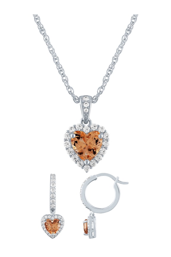 Ladies Brilliance Fine Jewelry Sterling Silver Plated Simulated Morganite & CZ Heart Set