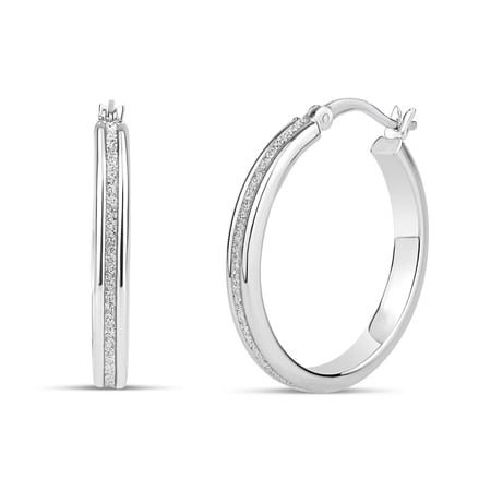 Brilliance Fine Jewelry Sterling Silver Rhodium-Plated 25mm x 3mm Glitter Hoop Earrings
