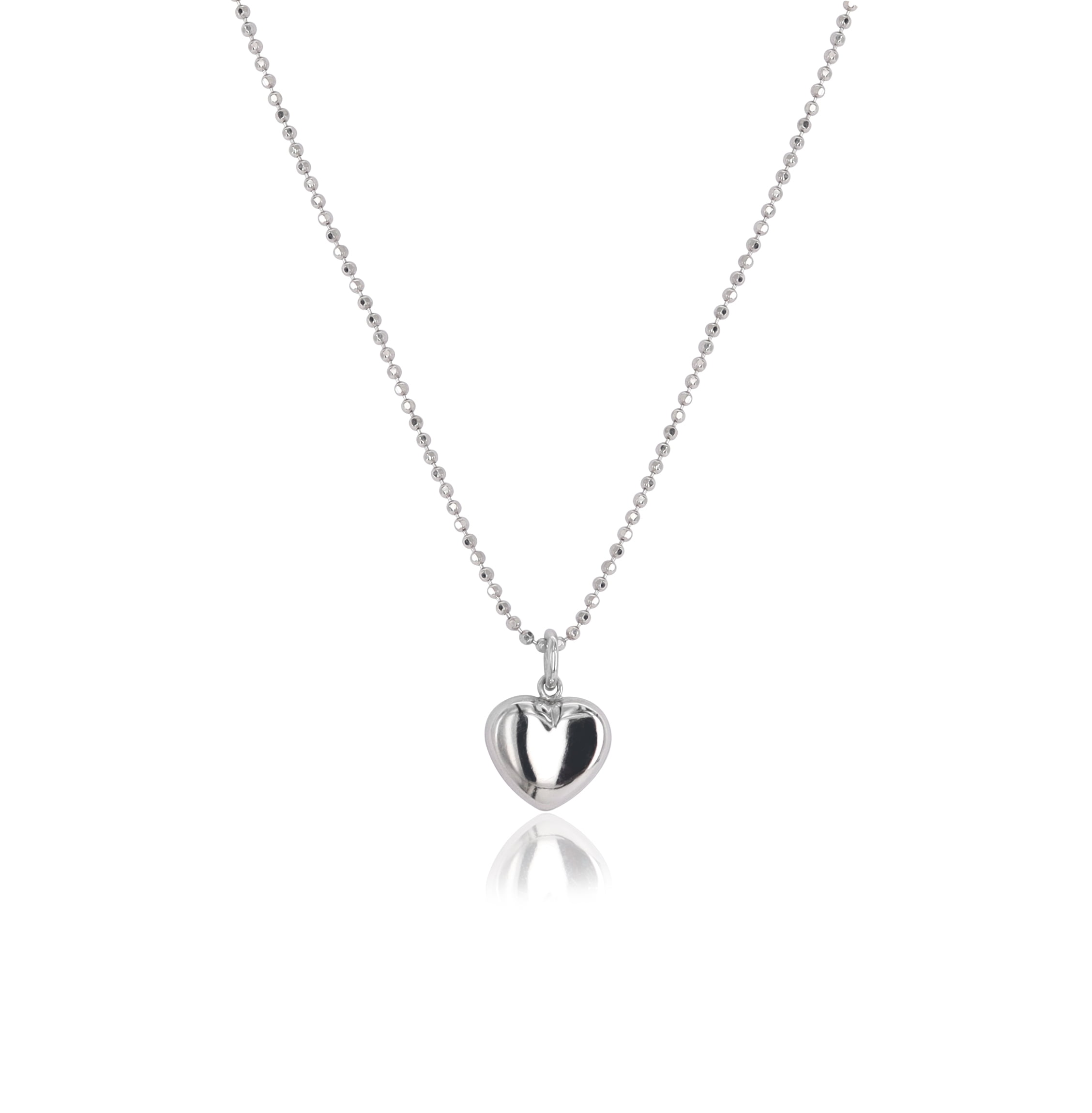 Brilliance Fine Jewelry Sterling Silver Rhodium Plated Puff Heart on Beaded Chain Necklace, 16"+2"