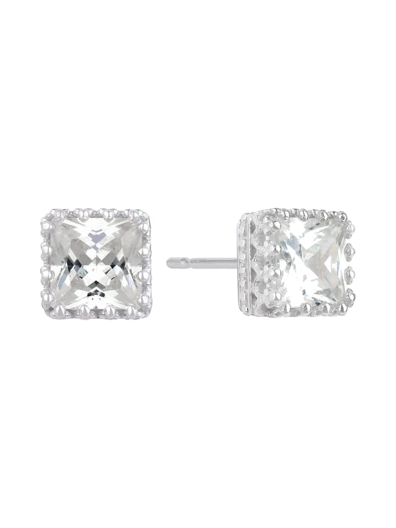 Sterling Silver Simulated Diamond Adult Square Filigree Stud Earrings