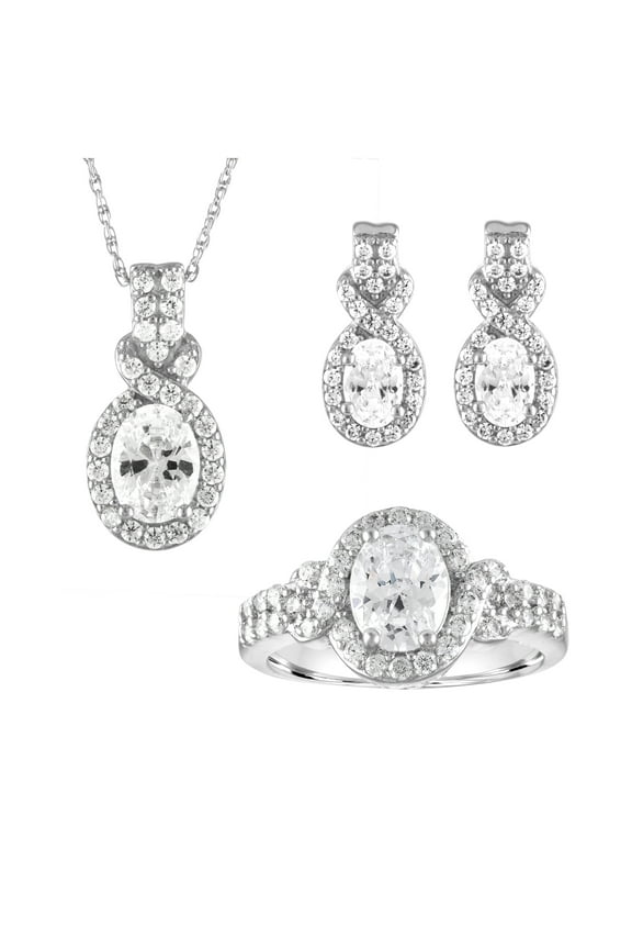Sterling Silver Simulated Diamond Oval 3 Piece Set