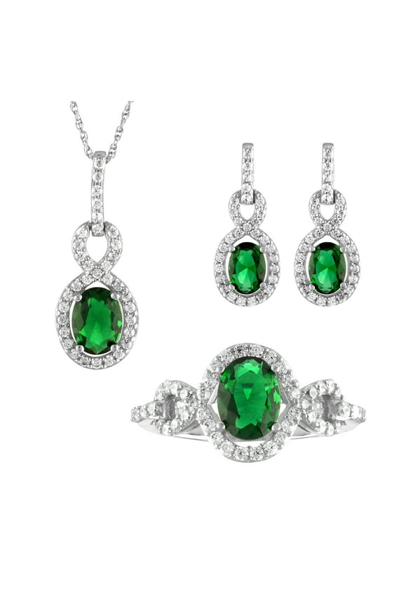 Sterling Silver Simulated Emerald and CZ Oval 3 Piece Set