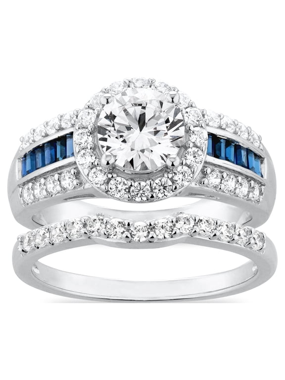 Sterling Silver White Diamond & Created Sapphire Engagement Ring