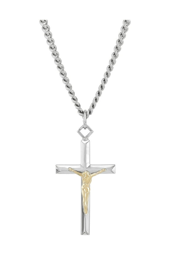 Sterling Silver and 18KT Gold Plated Crucifix Cross on 24" Stainless Steel Chain Necklace