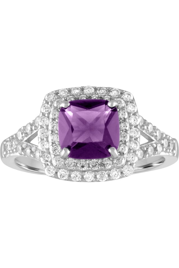 Ladies Brilliance Fine Jewelry Treated Amethyst and CZ Sterling Silver Double-Halo Cushion Ring