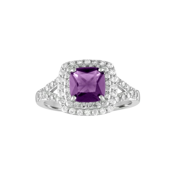 Ladies Brilliance Fine Jewelry Amethyst and CZ Sterling Silver Cushion Ring