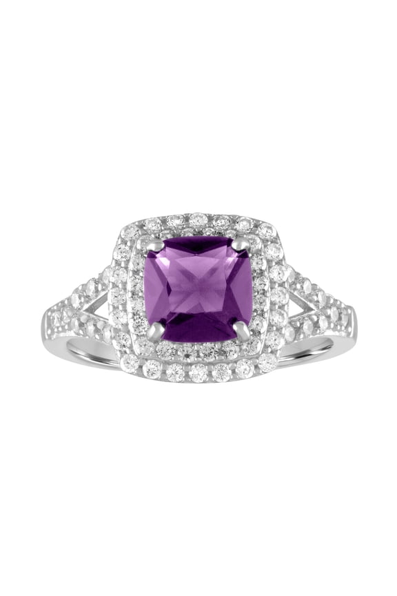 Ladies Brilliance Fine Jewelry Amethyst and CZ Sterling Silver Cushion Ring