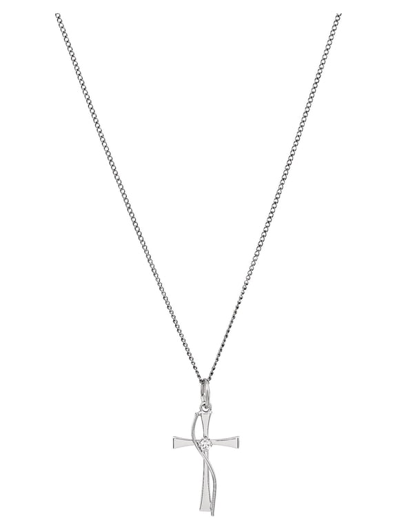 With Cubic Zirconia Accent Sterling Silver Cross Pendant, 18" Necklace