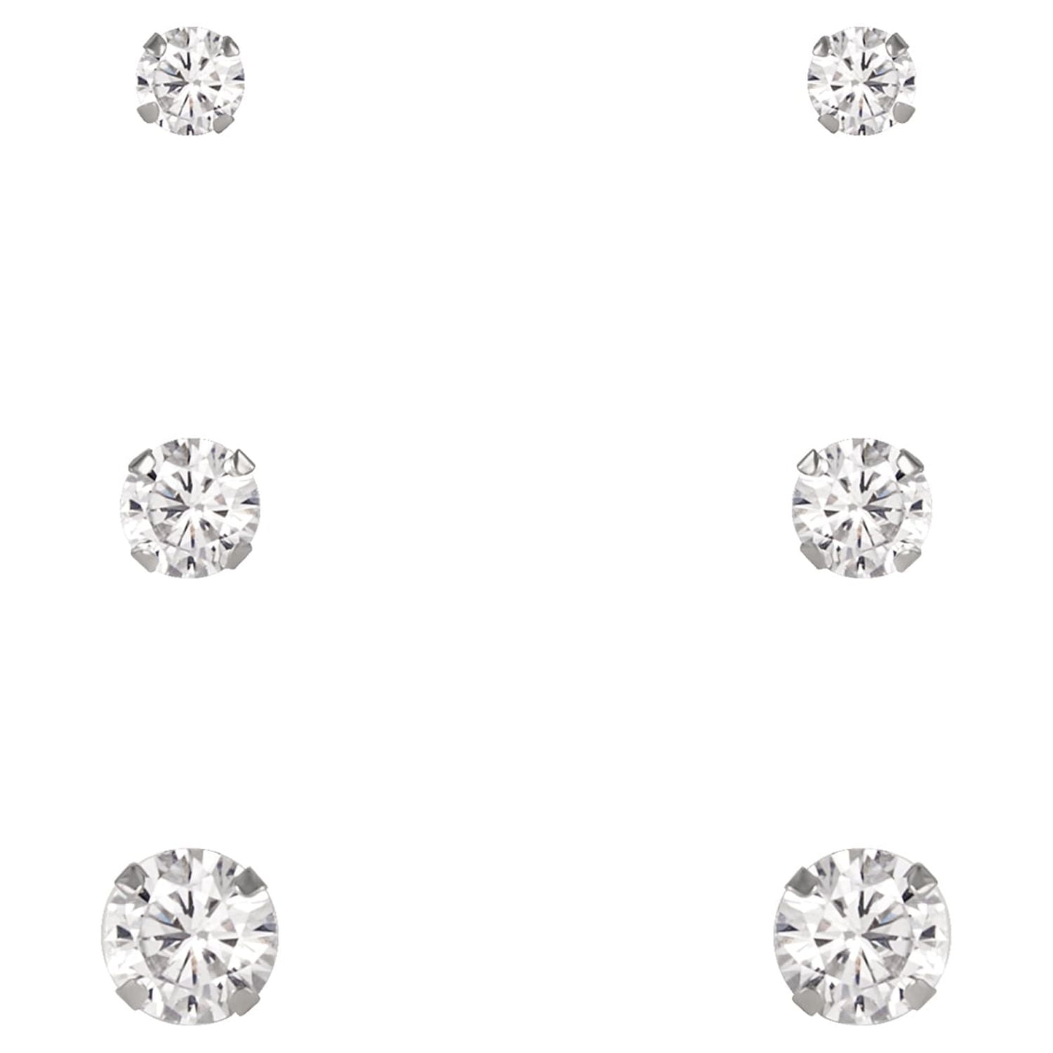 Brilliance Fine Jewelry Women's 10kt White Gold Cubic Zirconia Stud Earrings Set, 3/4/5mm