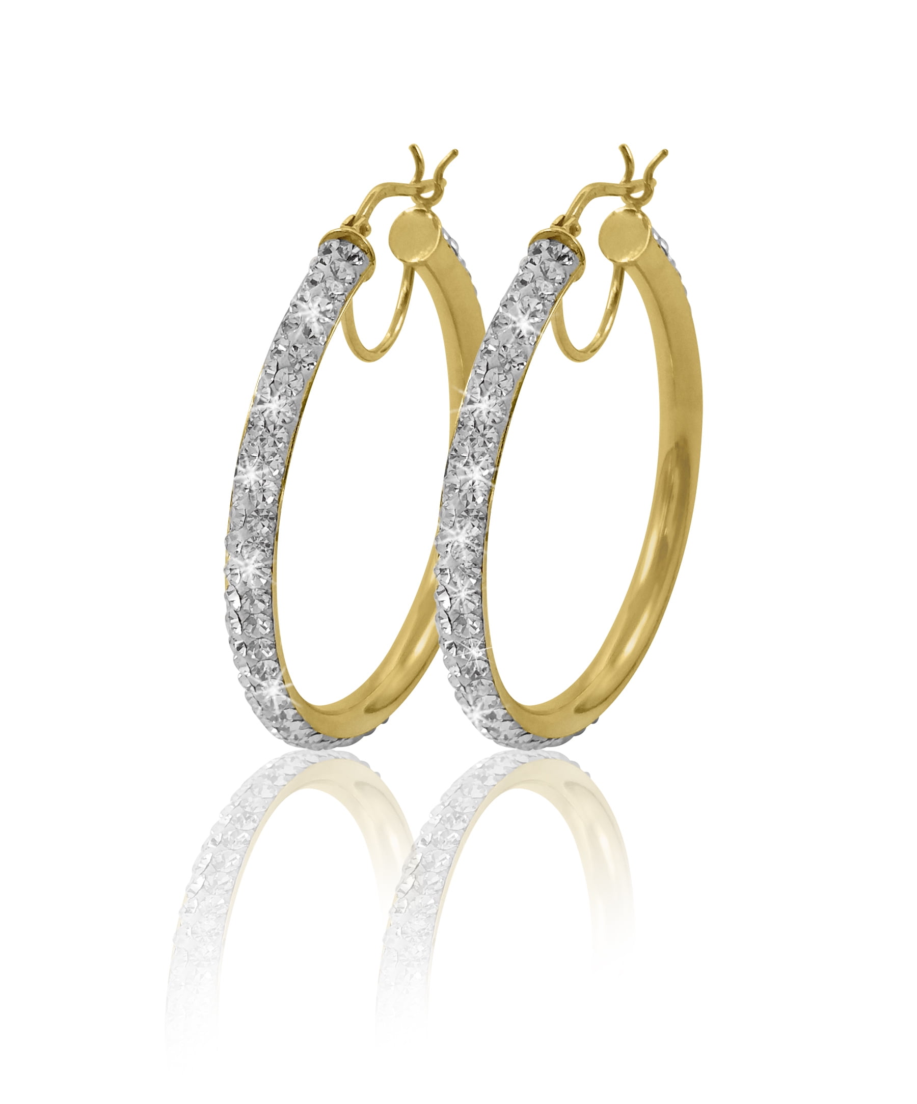 Brilliance Fine Jewelry Women's 14K Gold Plated Sterling Silver 2 Row Crystal Round Hoop Adults Earring