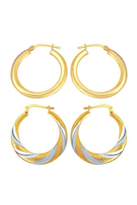 Women's 14K Gold Plated Sterling Silver 2 Tone Twisted Hoops Earrings Set