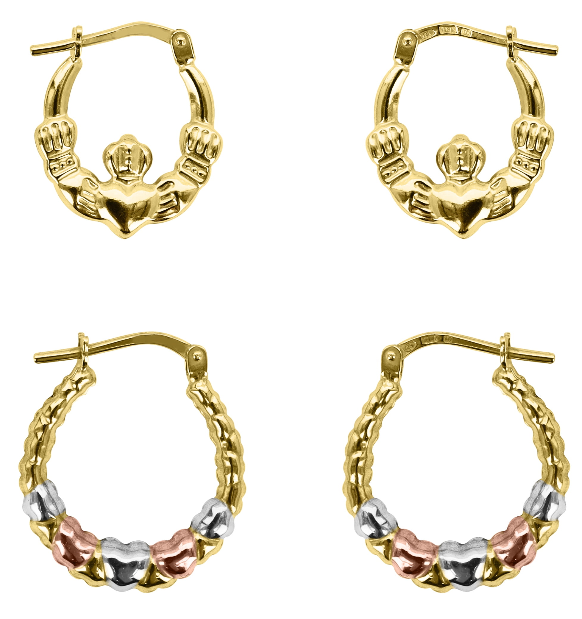 Brilliance Fine Jewelry Women's 14K Gold Plated Sterling Silver Claddagh and Heart Hoops Earrings