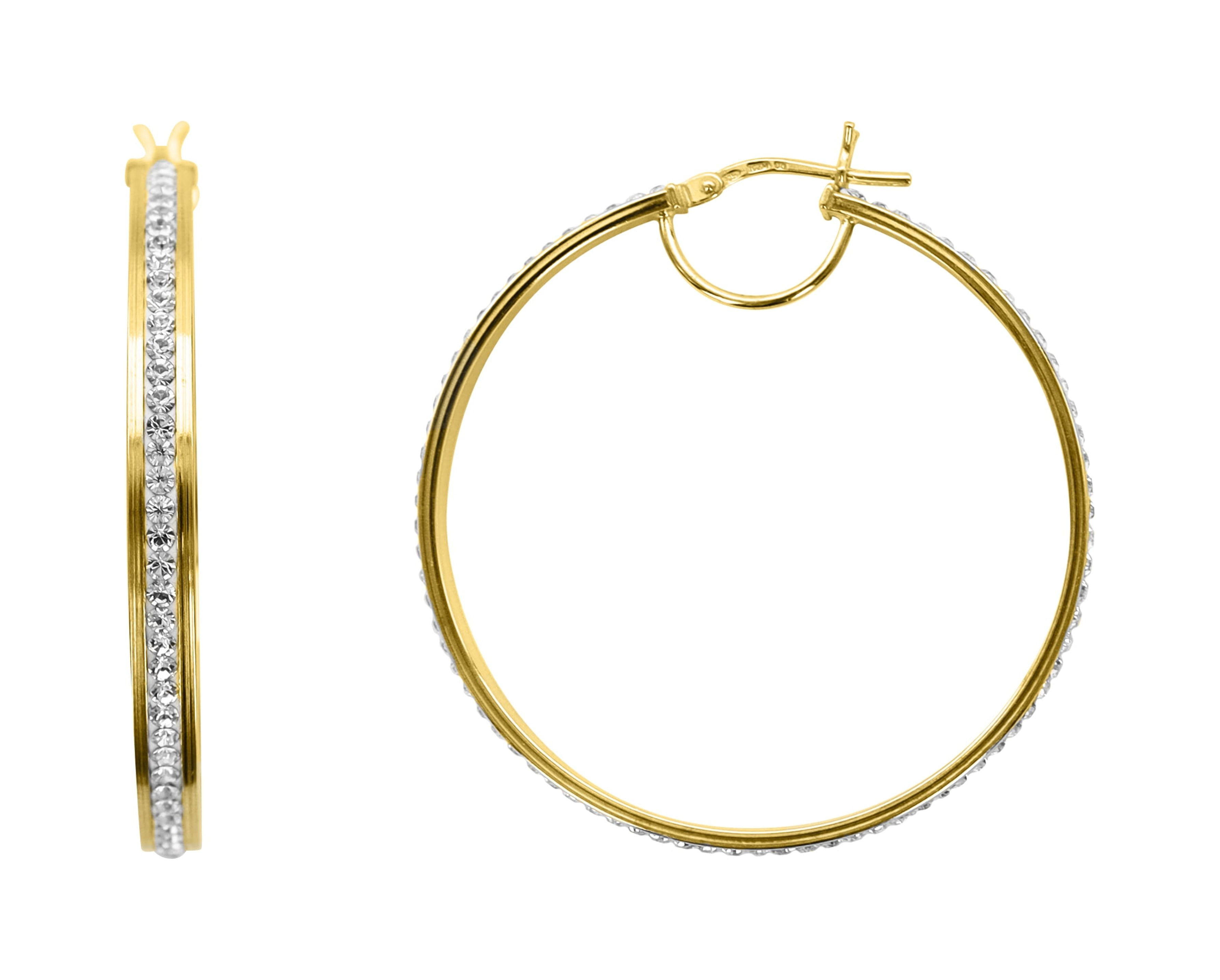 Brilliance Fine Jewelry 14K Gold Plated Sterling Silver Classic Crystal Round Hoop Adults Earring