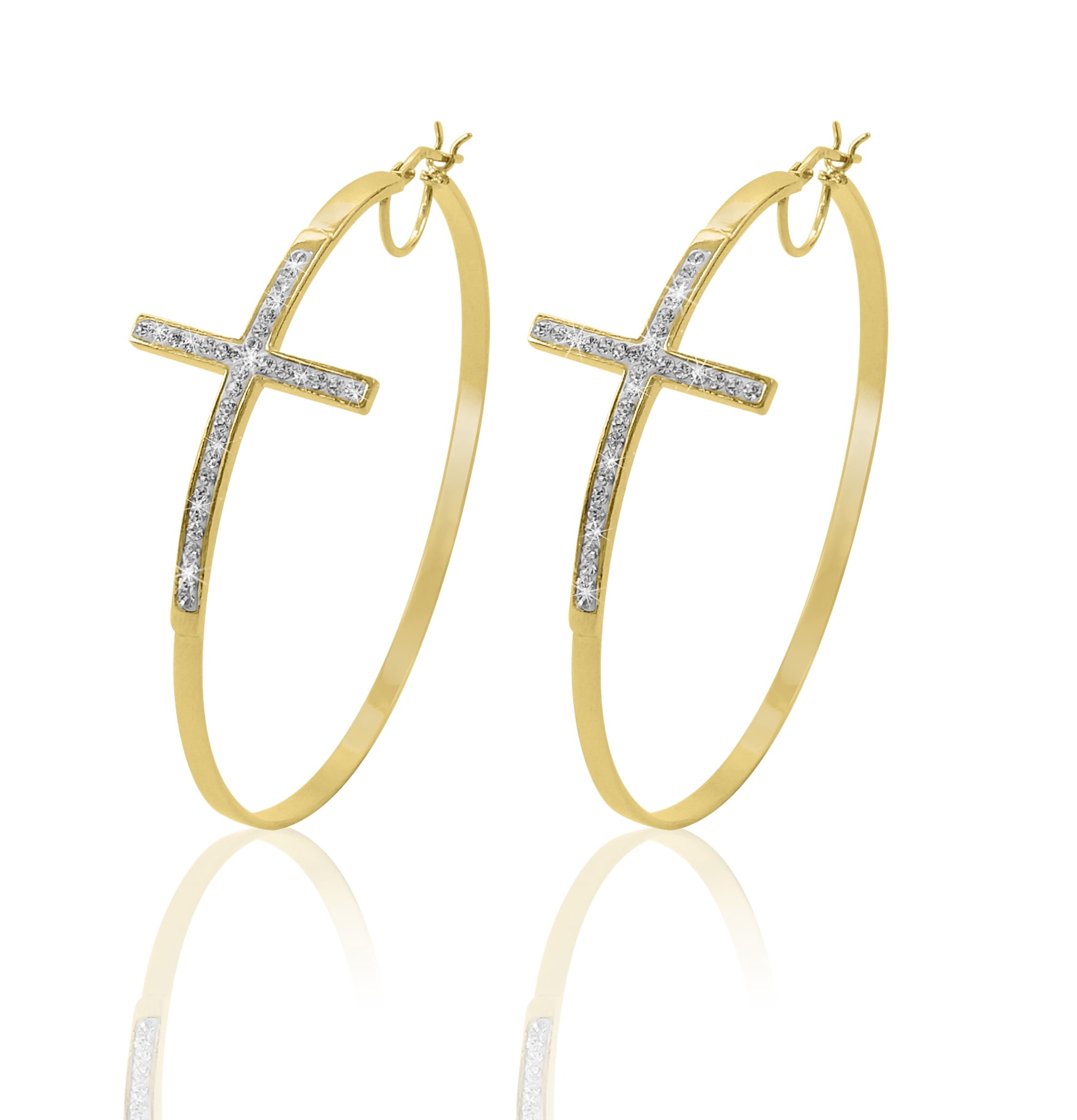 Brilliance Fine Jewelry Women's 14K Gold Plated Sterling Silver Crystal Cross Round Hoop Adults Earring