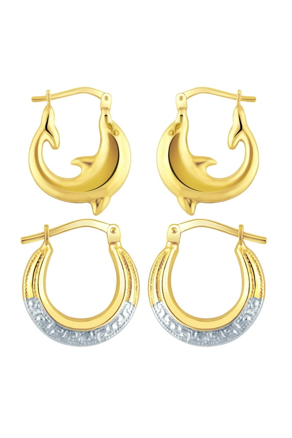 Women's 14K Gold Plated Sterling Silver Dolphin and Greek Key Hoops Earrings