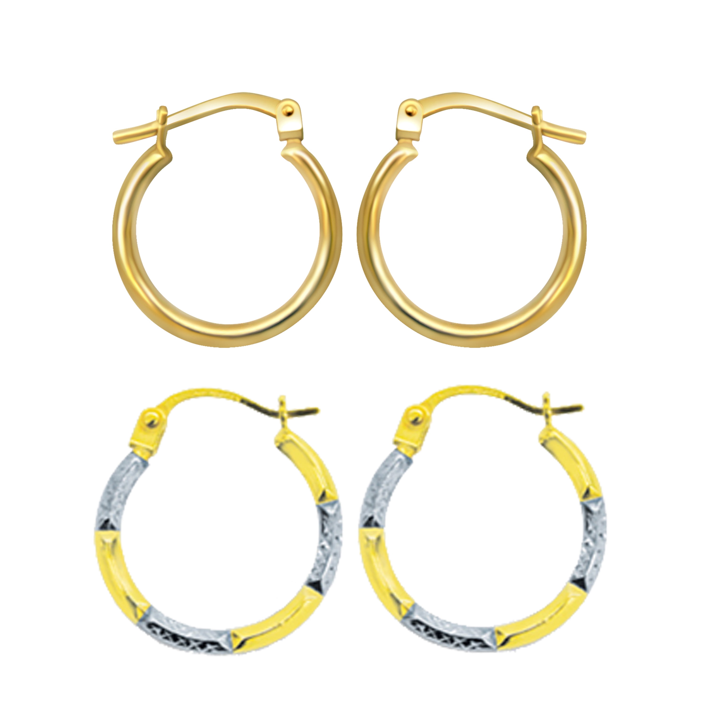 Brilliance Fine Jewelry Women's 14K Gold Plated Sterling Silver Glossy And 2Tone Diamond Cut Hoops Earrings Set