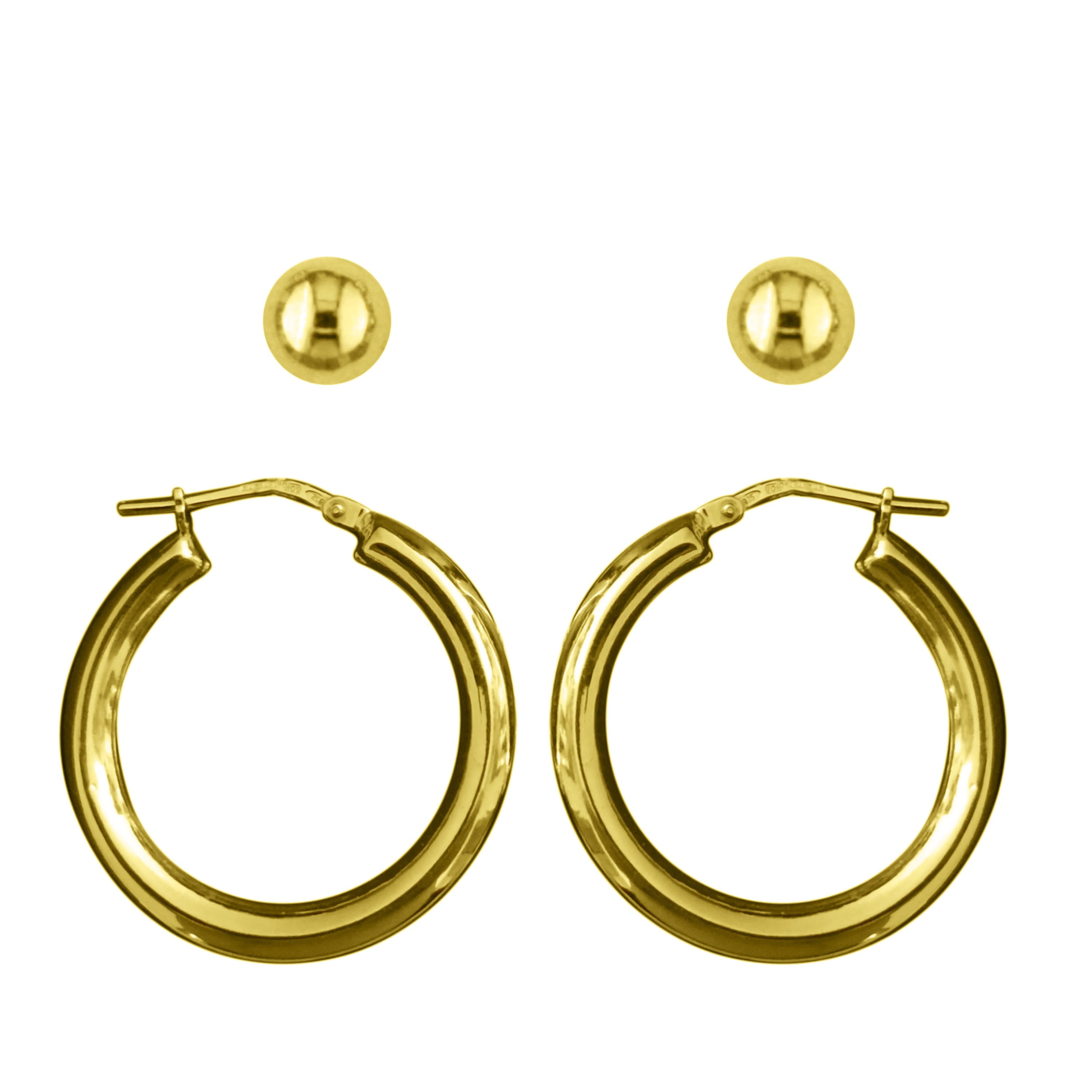 Brilliance Fine Jewelry Women's 14K Gold Plated Sterling Silver Glossy Yellow Studs And Hoops Adults Earrings Set
