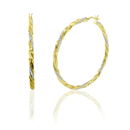Brilliance Fine Jewelry Women's 14K Gold Plated Sterling Silver Twisted Crystal Round Big Hoop Adults Earring