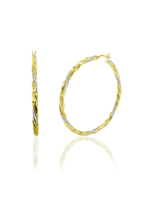 Women's 14K Gold Plated Sterling Silver Twisted Crystal Round Big Hoop Adults Earring
