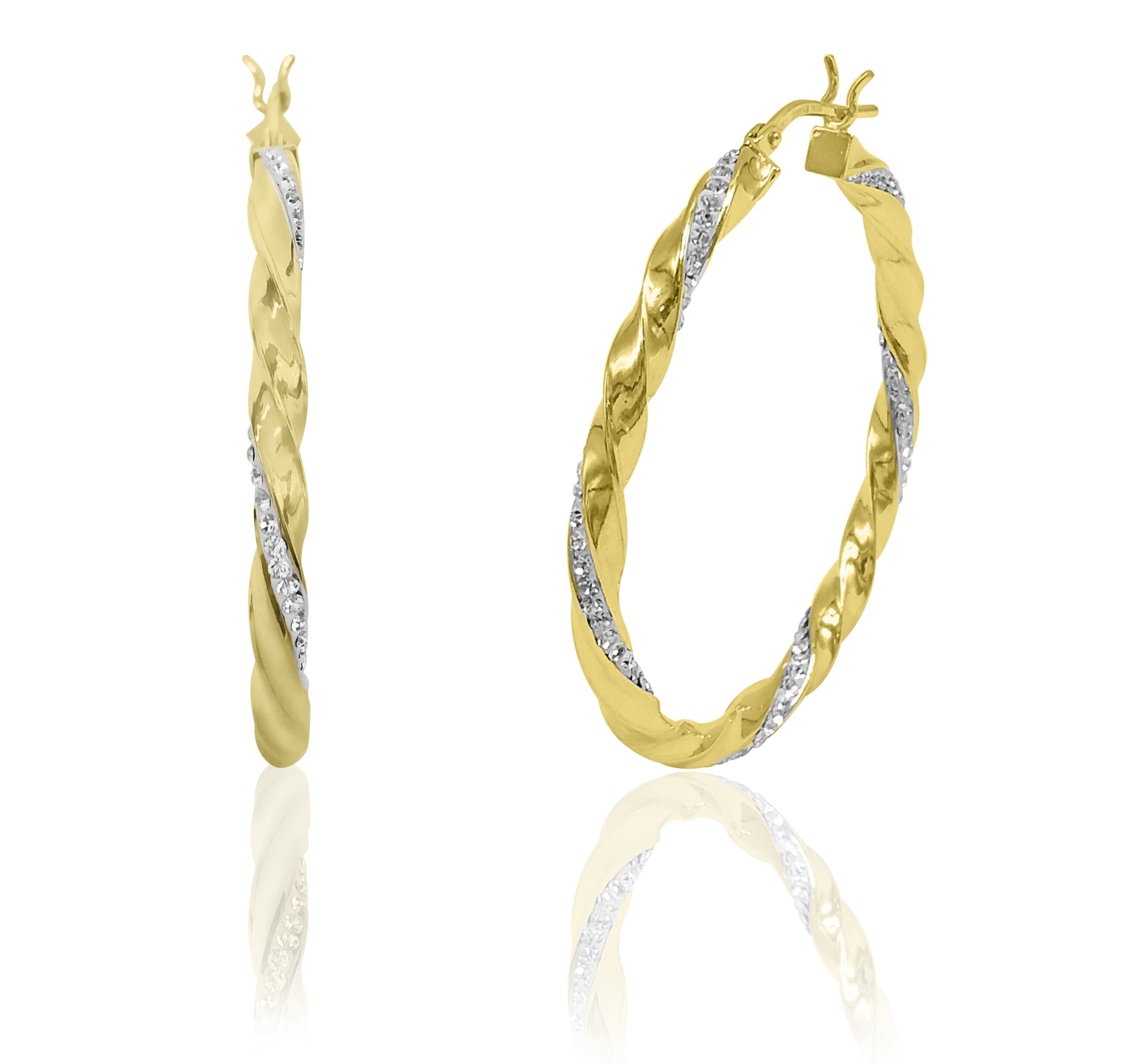 Brilliance Fine Jewelry Women's 14K Gold Plated Sterling Silver Twisted Crystal Round Hoop Adults Earring