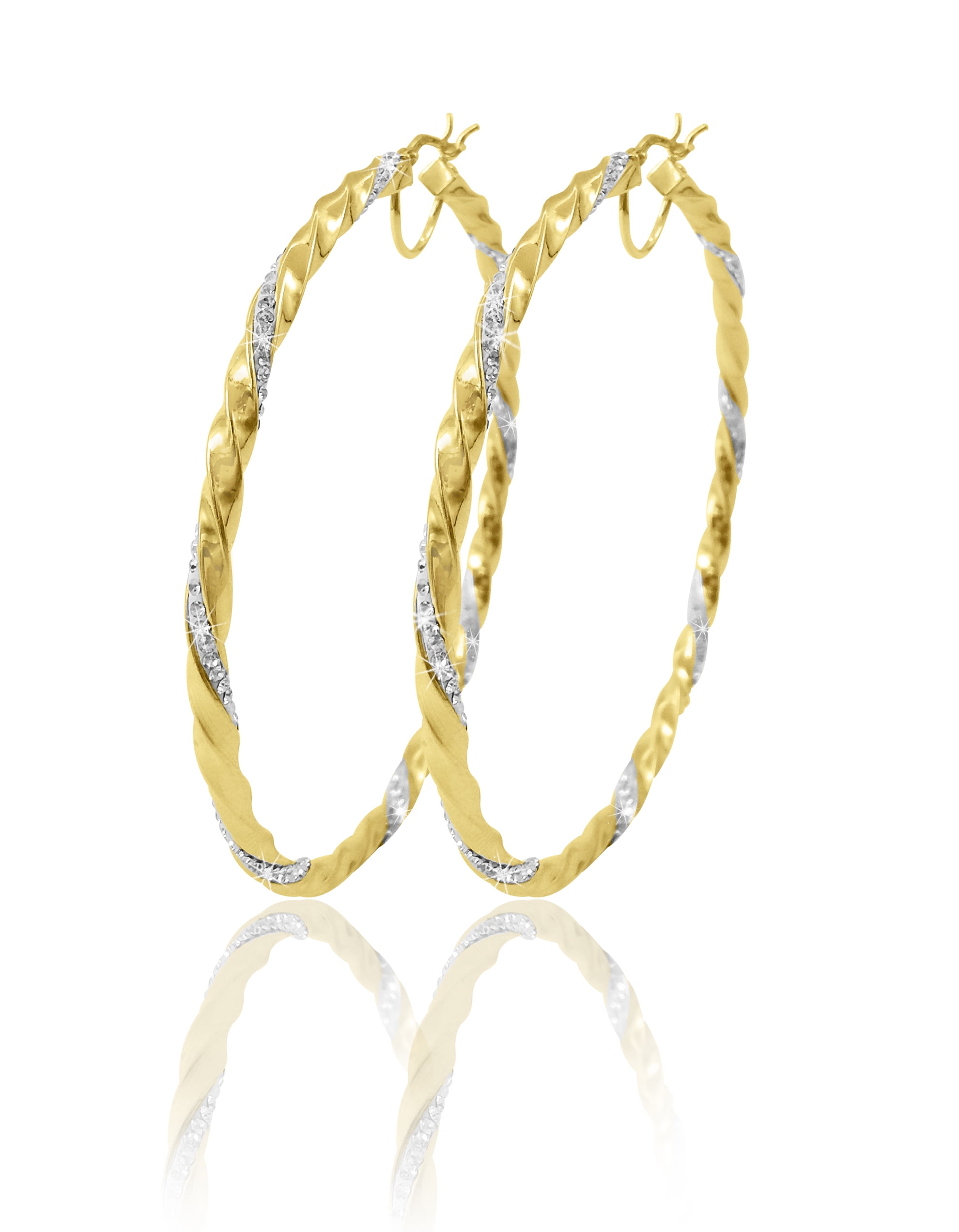 BRILLIANCE FINE JEWELRY 14K Gold Plated Sterling Silver Twisted Crystal Round Large Hoop Adults Women's Earring
