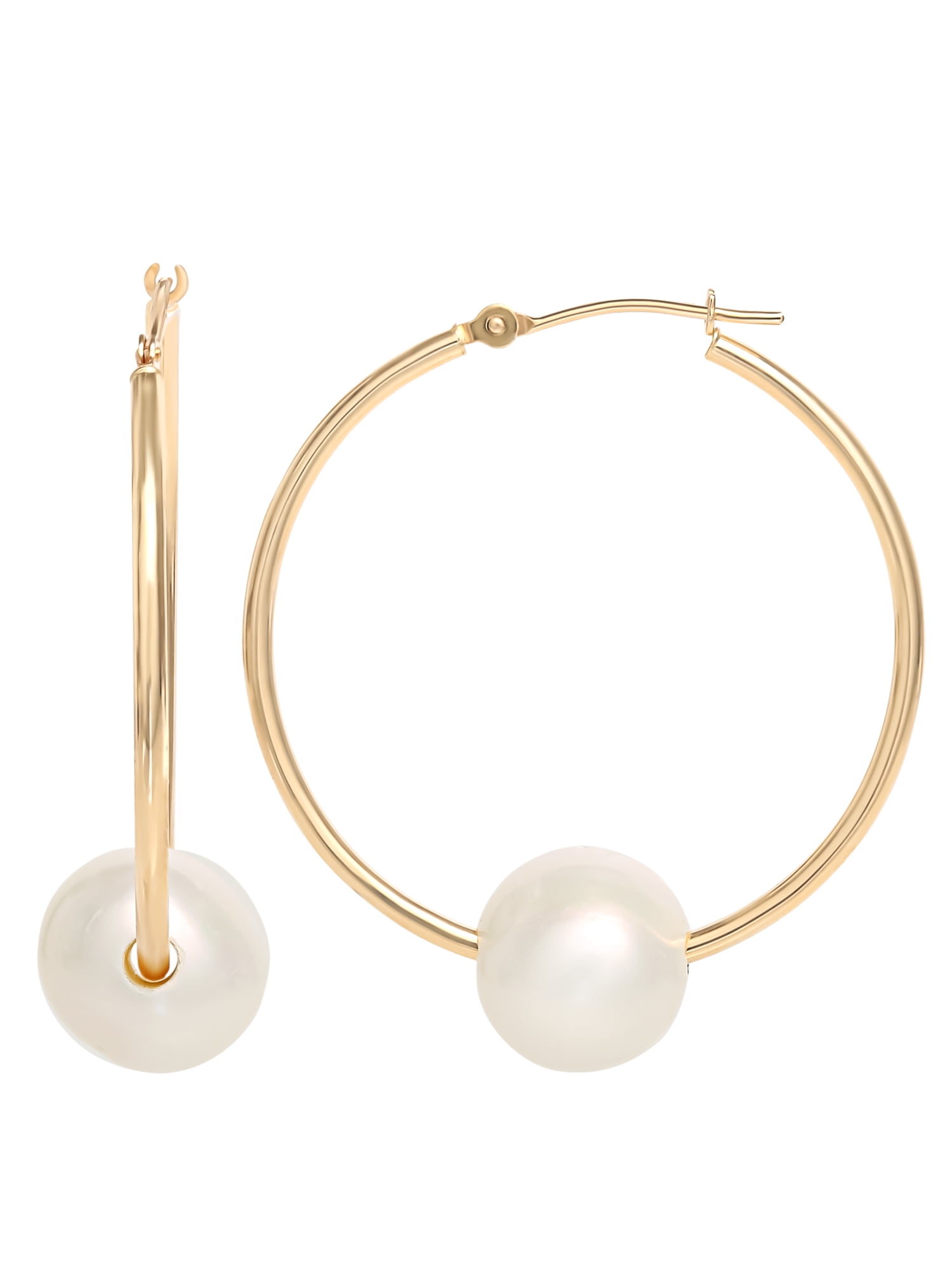 White Floating Pearl 50mm 14K Gold Filled Hoop Earrings - Jean Joaillerie
