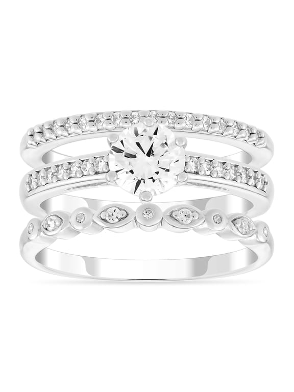 Women's .925 Sterling Silver Simulated Round White Diamond Trio Set Rings