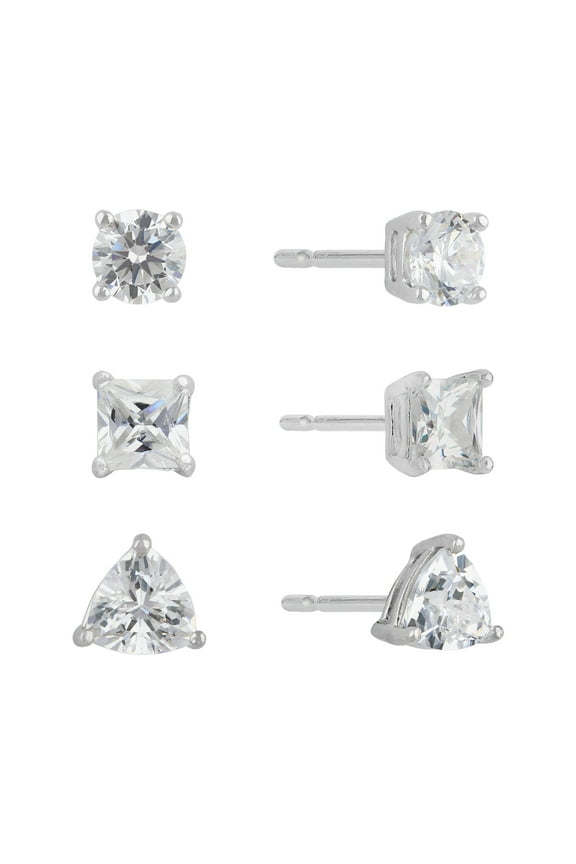 Women's Multi Shape Simulated Diamond Trio Earring Set in Sterling Silver