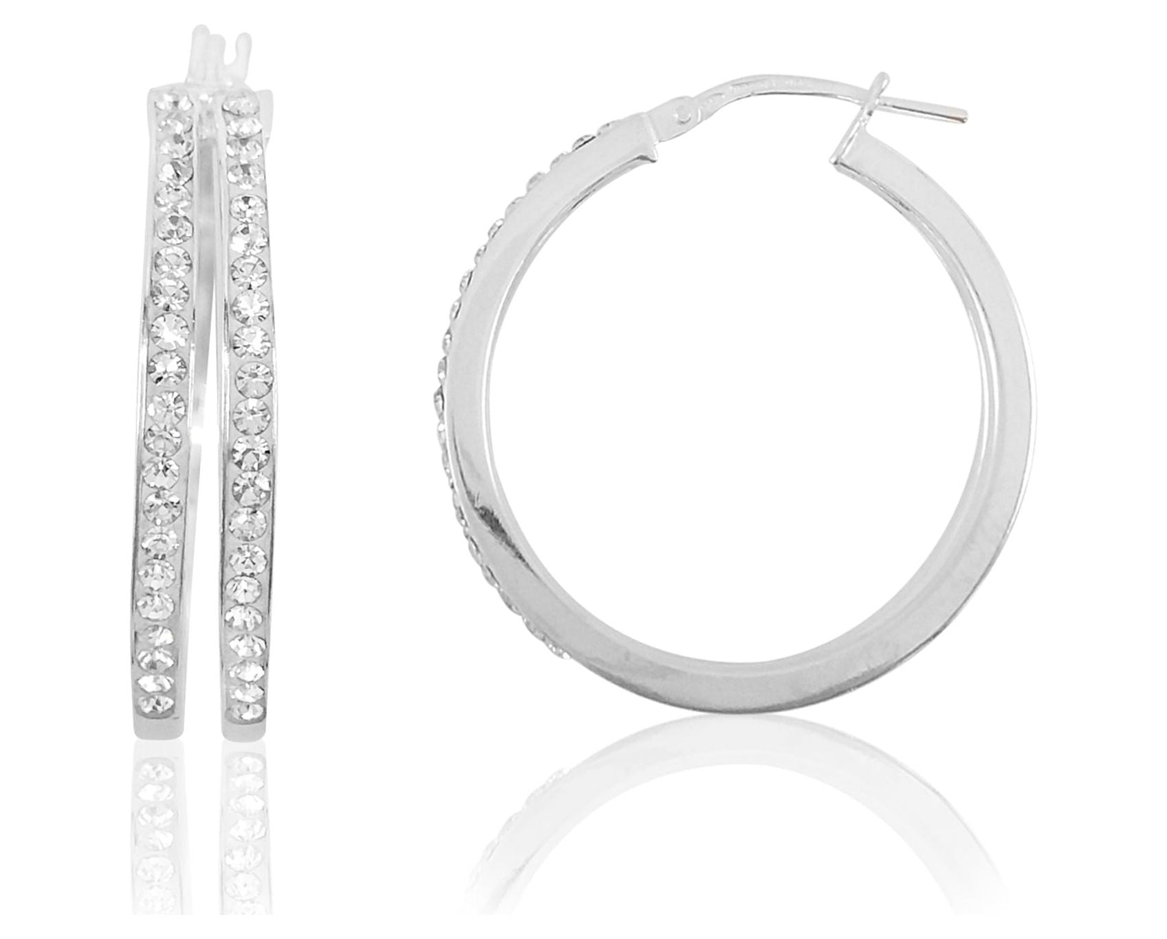 Brilliance Fine Jewelry Women's Rhodium Plated Sterling Silver Classic 2 Row Crystal Round Hoop Adults Earring