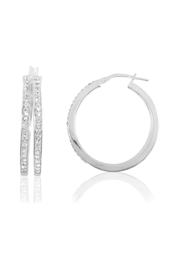 Women's Rhodium Plated Sterling Silver Classic 2 Row Crystal Round Hoop Adults Earring