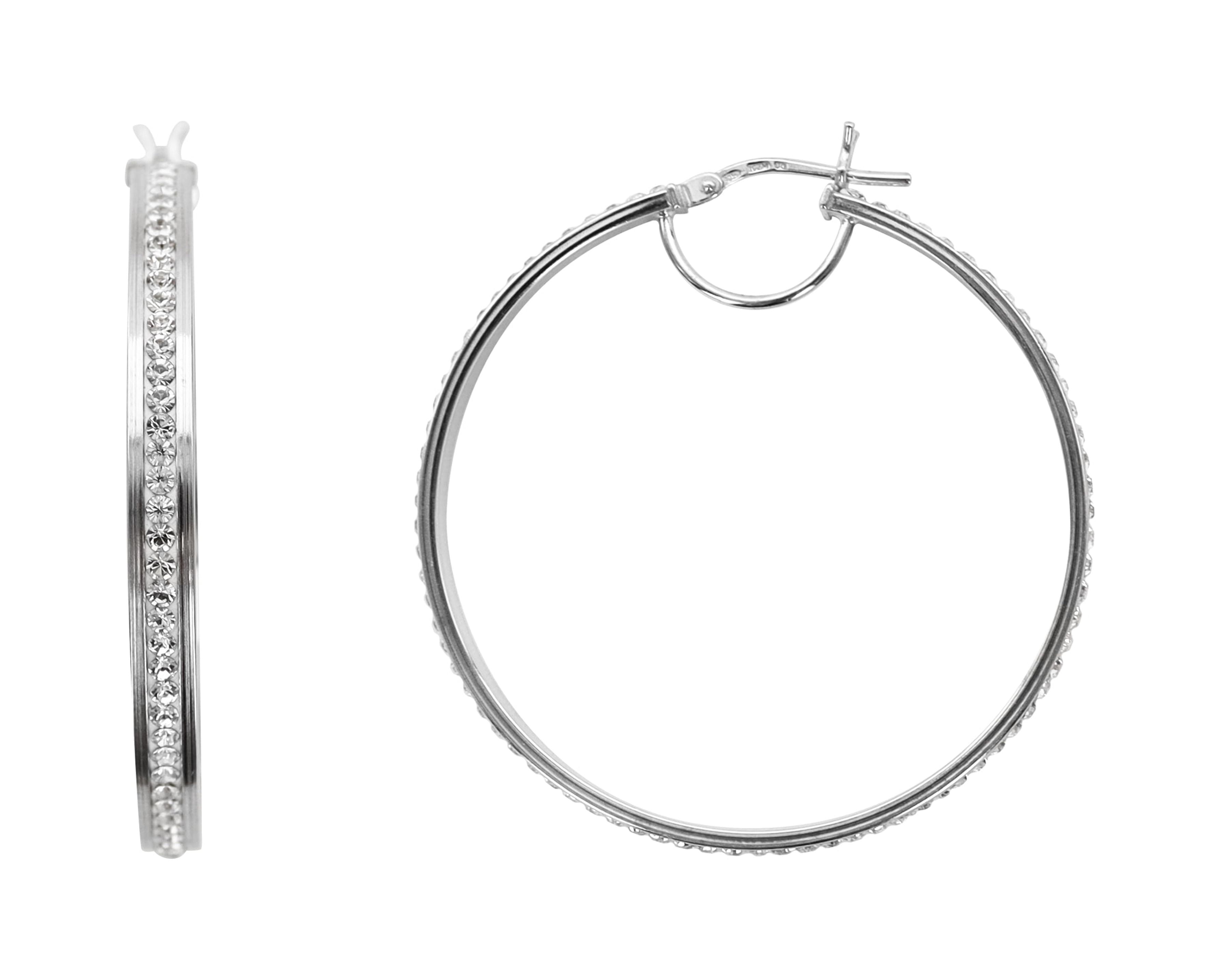 Brilliance Fine Jewelry Rhodium Plated Sterling Silver Classic Crystal Round Hoop Women's Earring
