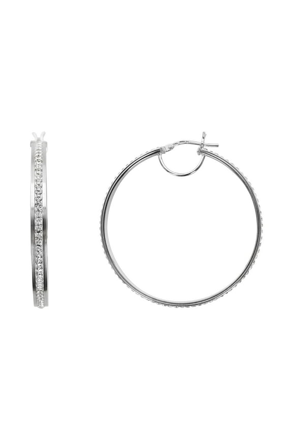 Rhodium Plated Sterling Silver Classic Crystal Round Hoop Women's Earring
