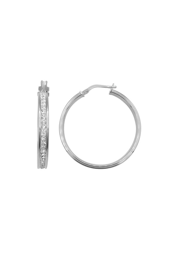 Rhodium Plated Sterling Silver Classic Crystal Round Hoop Earring, Youth to Adult