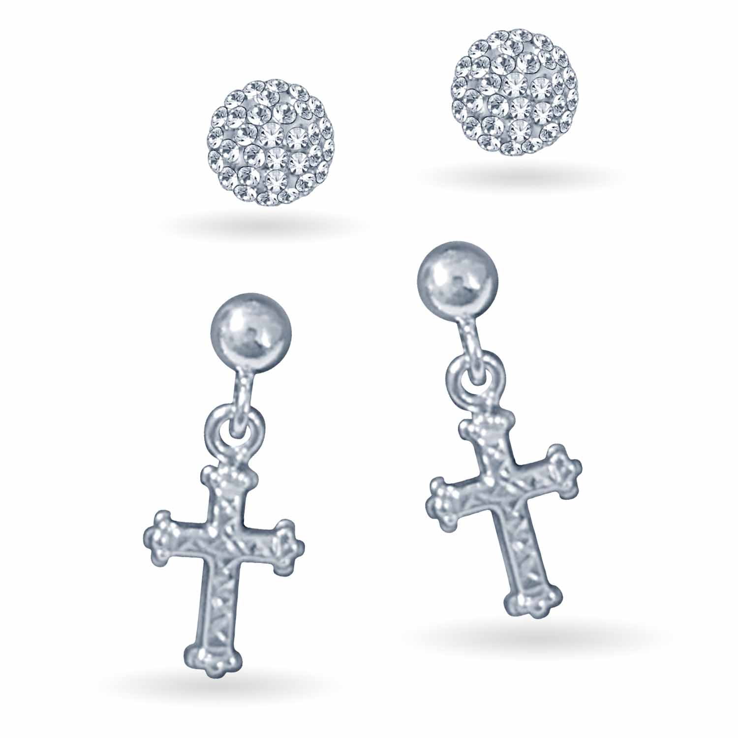 Brilliance Fine Jewelry Rhodium Plated Sterling Silver Crystal Ball and Diamond Cut Cross Women's Earrings