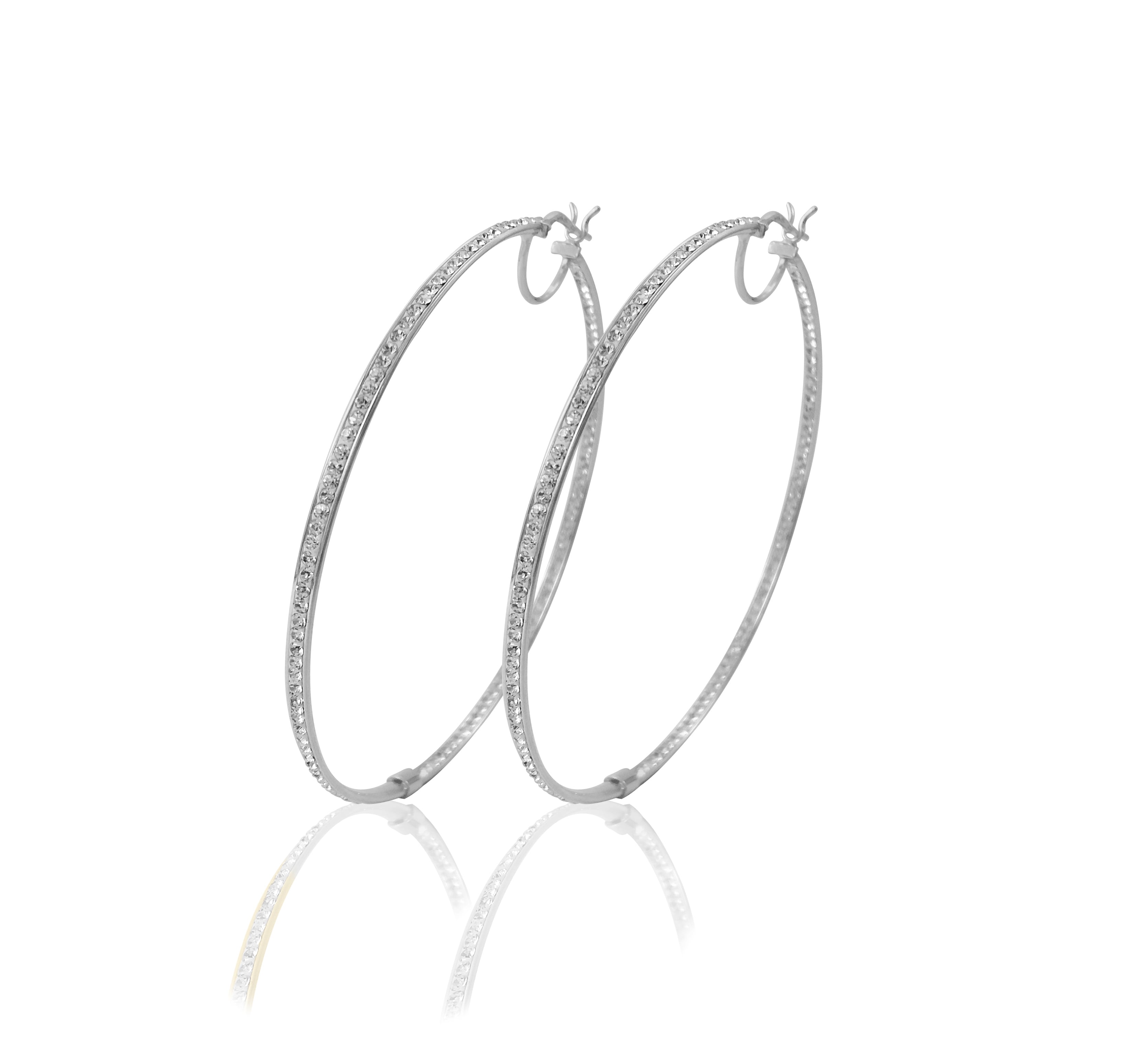 Brilliance Fine Jewelry Women's Rhodium Plated Sterling Silver In-Out Crystal Round Hoop Adults Earring