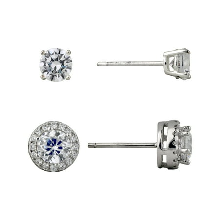 Brilliance Fine Jewelry Women's Round Simulated Diamond Duo Earring Set with Halo in Sterling Silver
