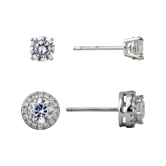 Brilliance Fine Jewelry Women's Round Simulated Diamond Duo Earring Set with Halo in Sterling Silver