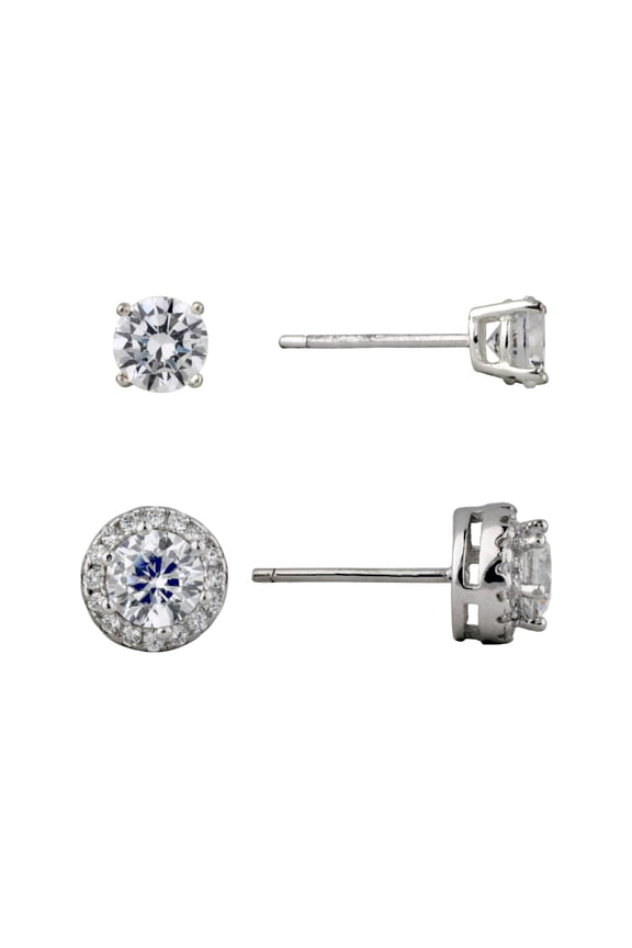 Women's Round Simulated Diamond Duo Earring Set with Halo in Sterling Silver