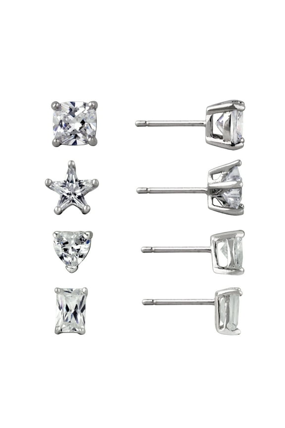 Women's Simulated Diamond 4 Pair Multi Shape Earring Set in Sterling Silver