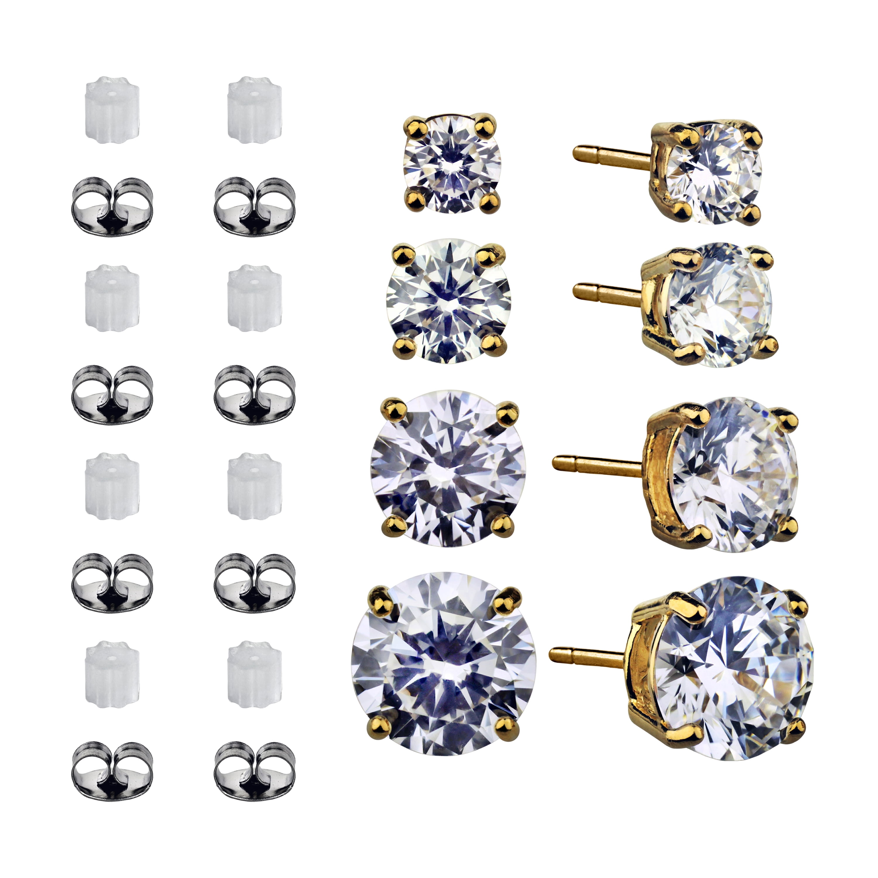Brilliance Fine Jewelry Women's Simulated Diamond 4 Pair Round Earring Set in 14KT Gold Plated Sterling Silver