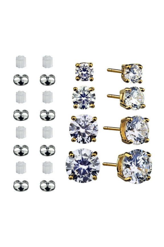 Women's Simulated Diamond 4 Pair Round Earring Set in 14KT Gold Plated Sterling Silver