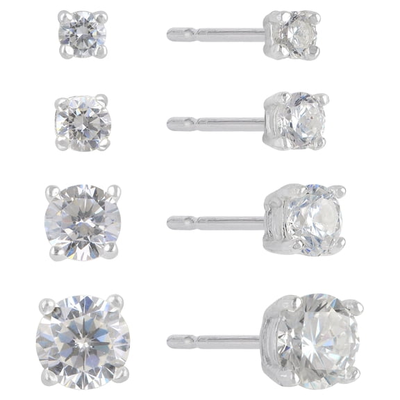 Brilliance Fine Jewelry Women's Simulated Diamond 4 Pair Round Earrings in Sterling Silver