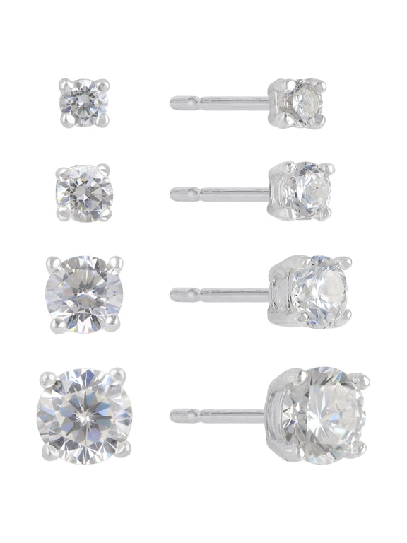 Women's Simulated Diamond 4 Pair Round Earrings in Sterling Silver