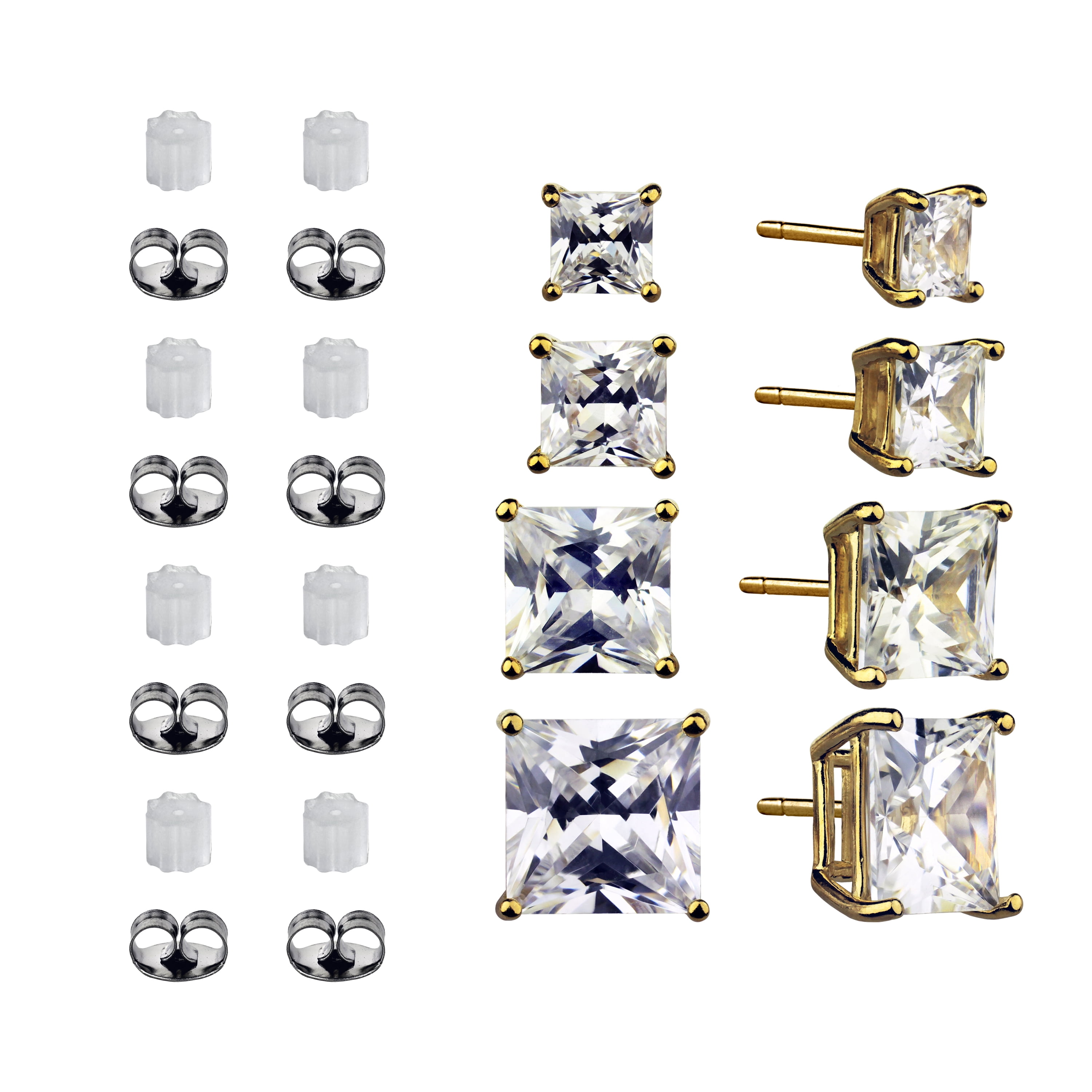 Women's Simulated Diamond 4 Pair Square Earrings in 14KT Gold Plated Sterling Silver