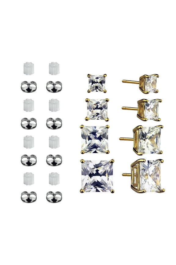 Women's Simulated Diamond 4 Pair Square Earrings in 14KT Gold Plated Sterling Silver