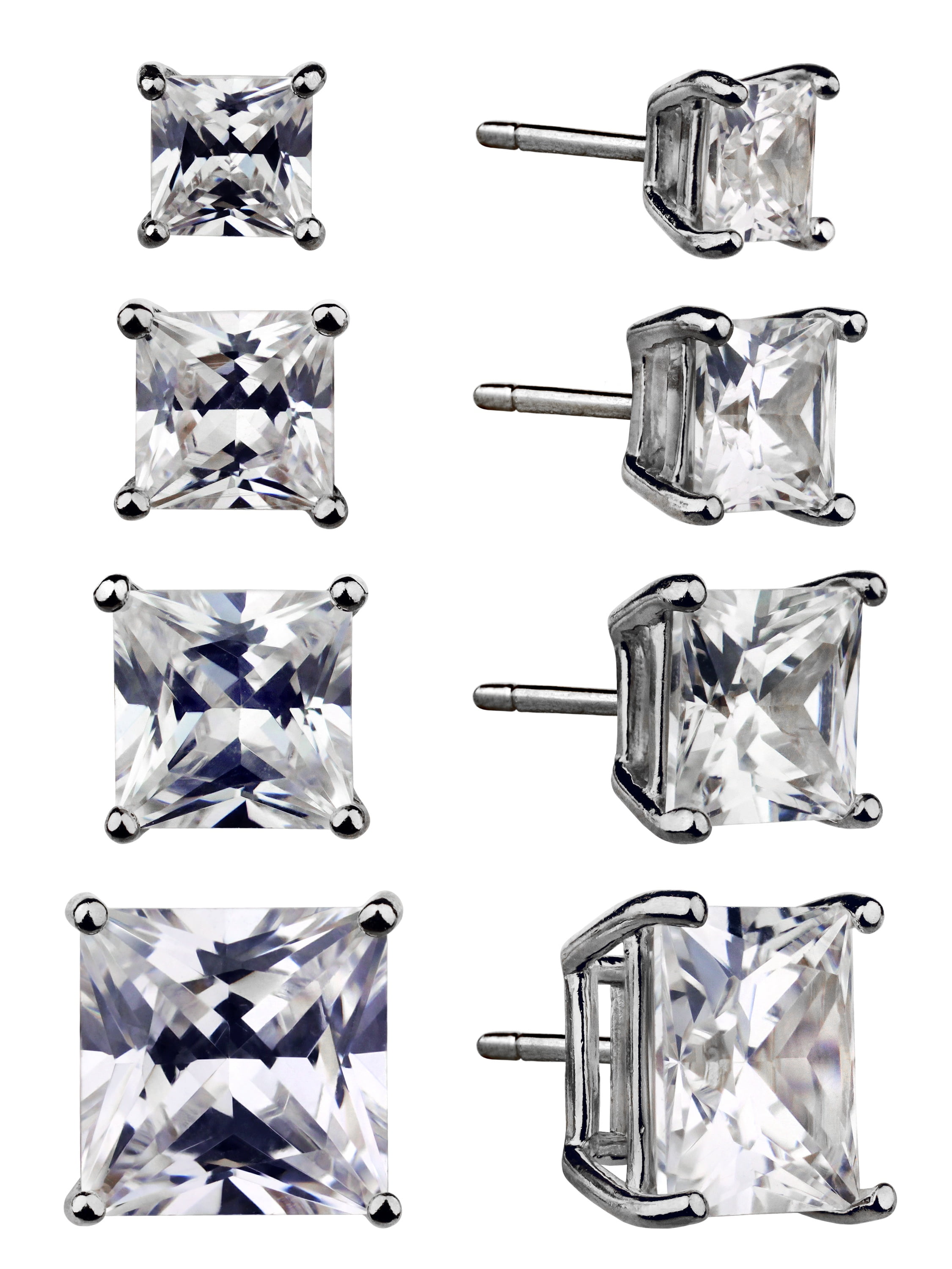 Brilliance Fine Jewelry Women's Simulated Diamond 4 Pair Square Earrings in Sterling Silver