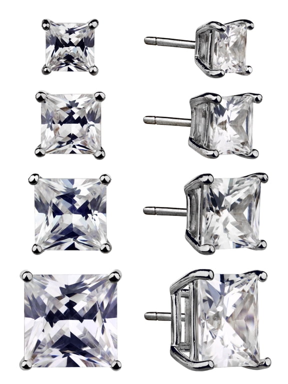 Women's Simulated Diamond 4 Pair Square Earrings in Sterling Silver