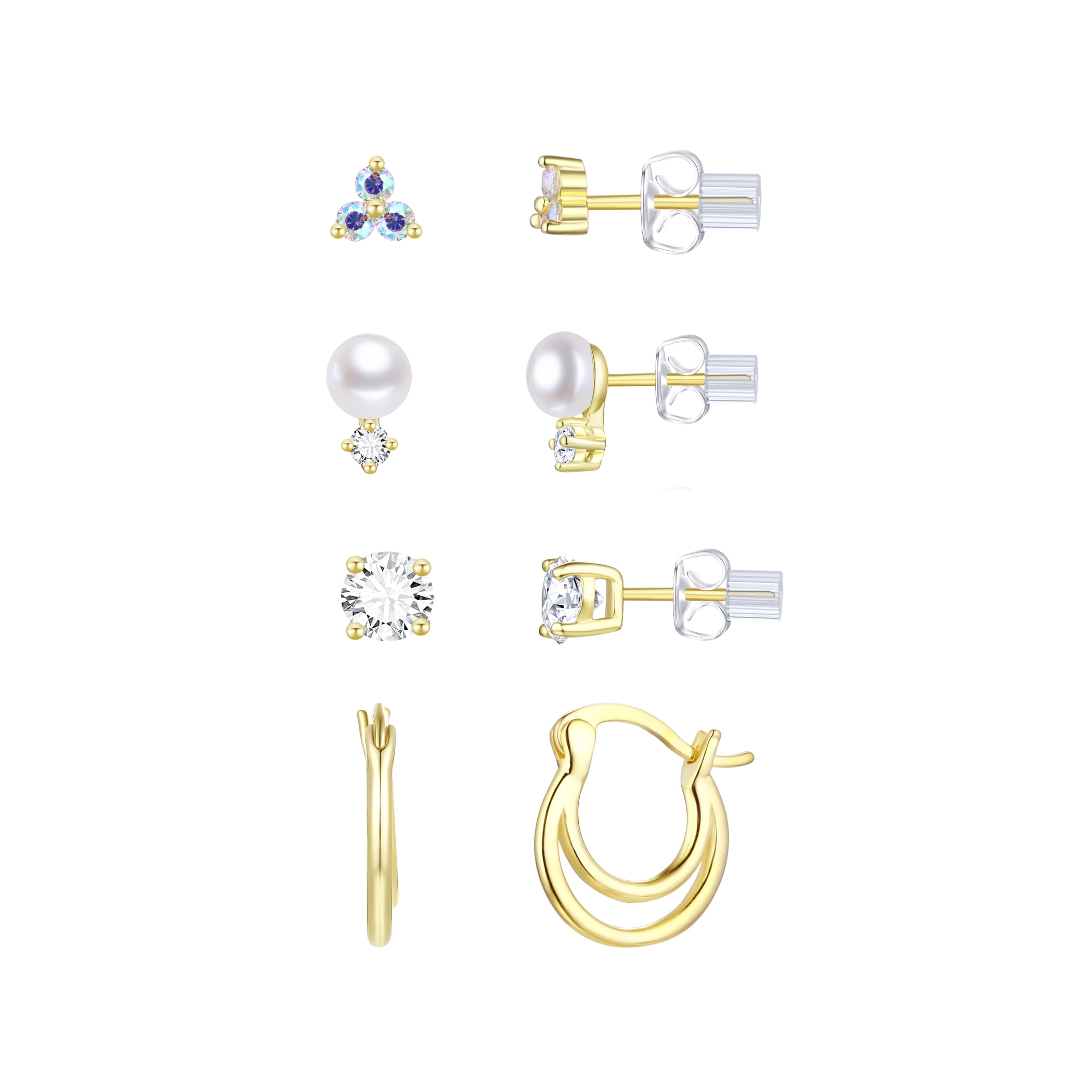 Brilliance Fine Jewelry Women's Simulated Diamond Earring Set with Double Row Clicktop Hoop in 14KT Gold Plated Sterling Silver