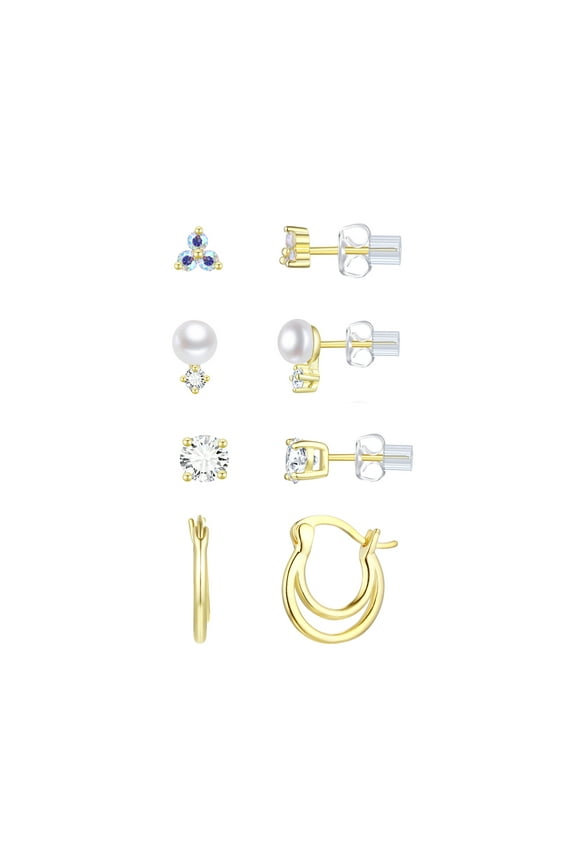 Women's Simulated Diamond Earring Set with Double Row Clicktop Hoop in 14KT Gold Plated Sterling Silver